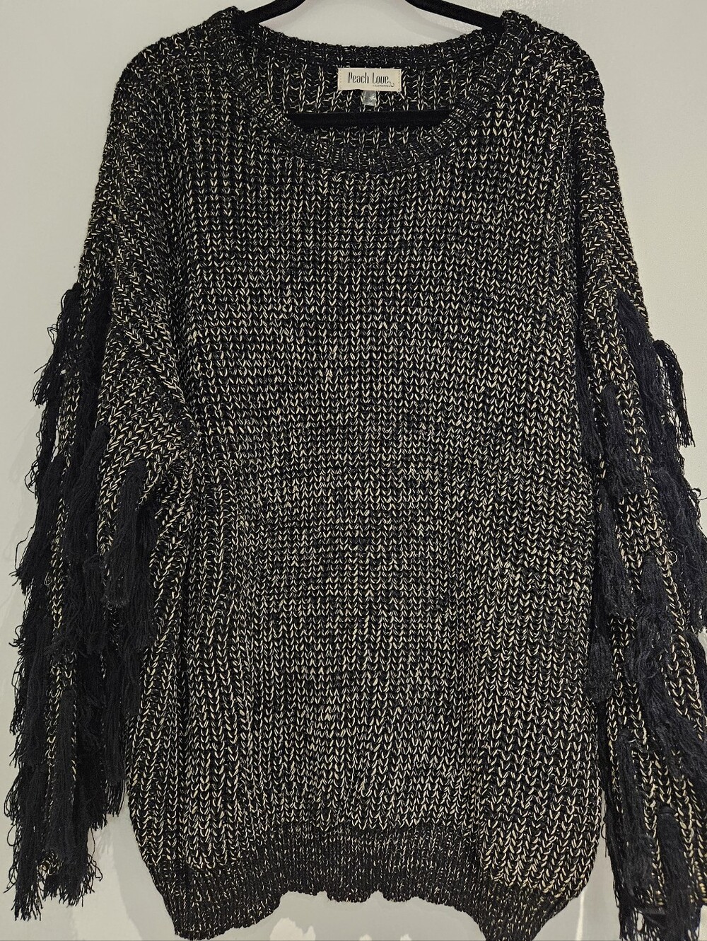 Peach Love California Metallic Black Gold Fringe Sweater NWOT Size Large